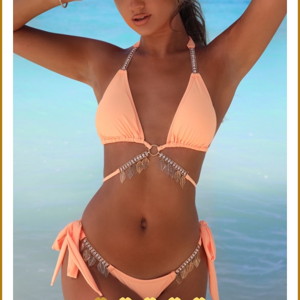 Moda minx peach gold leaf charm bikini set
